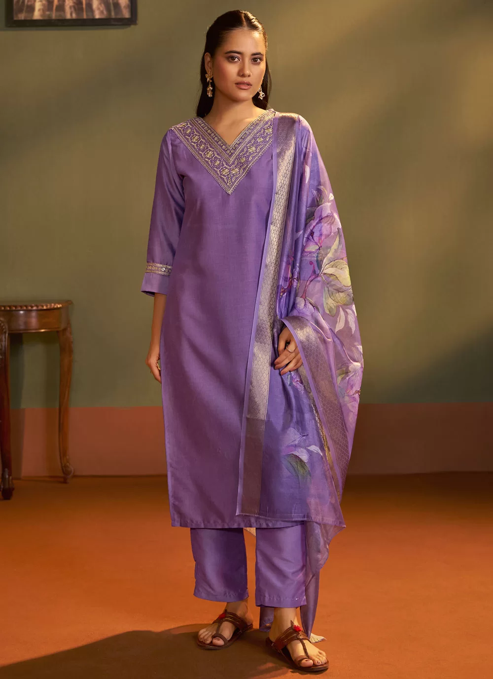 Embroidered Work Cotton Pant Style Suit In Blue